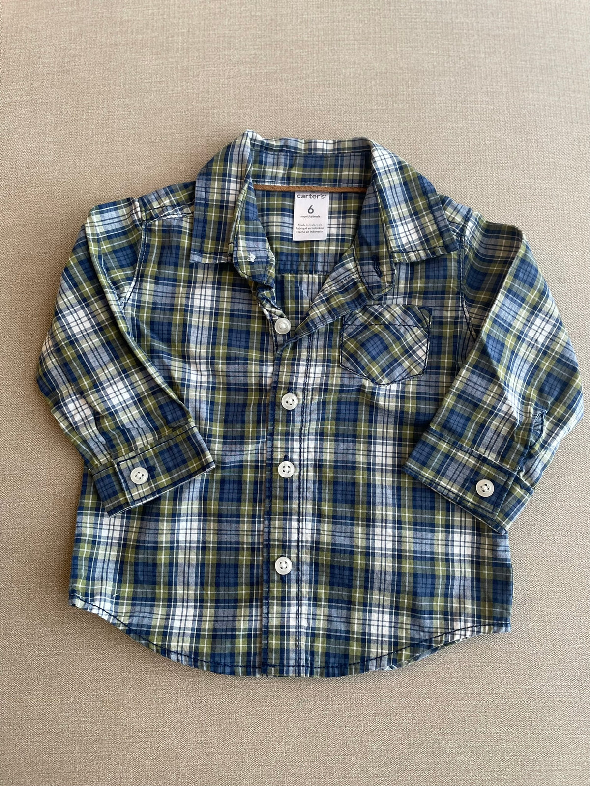 Seller #12 | Carters | Boys Blue, Green, and White Plaid Button Down | Long Sleeve | EUC | Size 6 Months