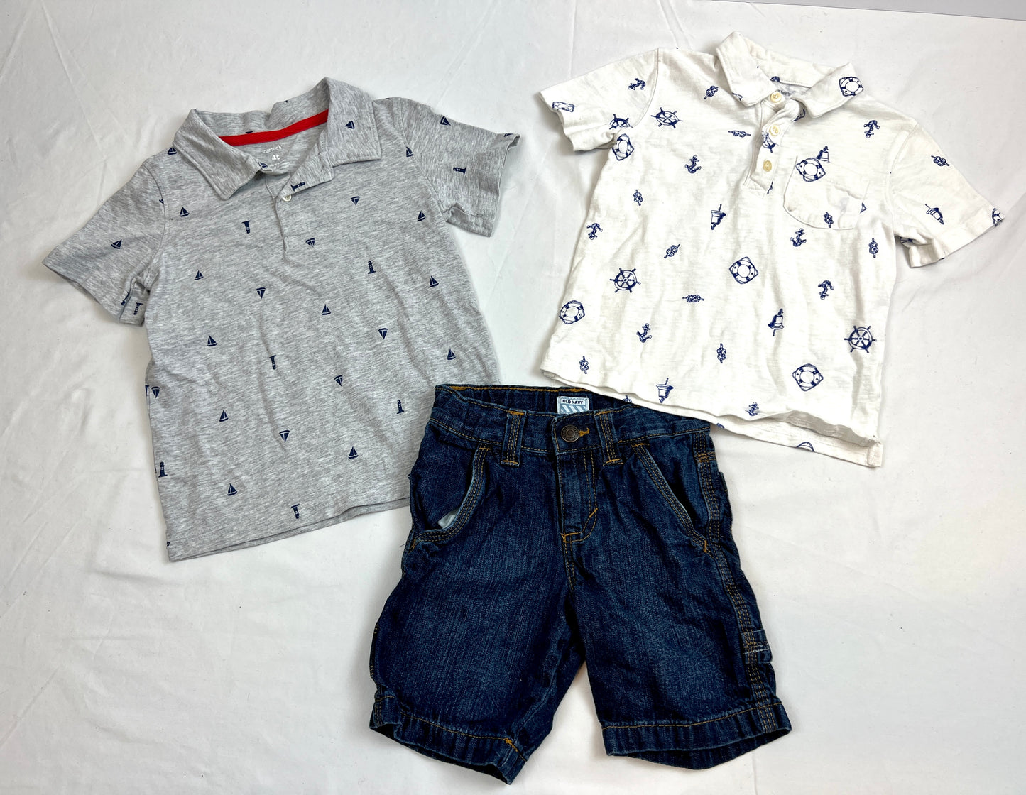Boy 4T (3) Pieces: (2) Collared Shirts and (1) Old Navy Jean Shorts w/ Pockets EUC Nautical Themed Anchors Sail Boat