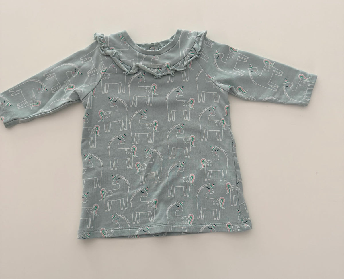 #117, Girls 12M, M&S green unicorn dress, GUC