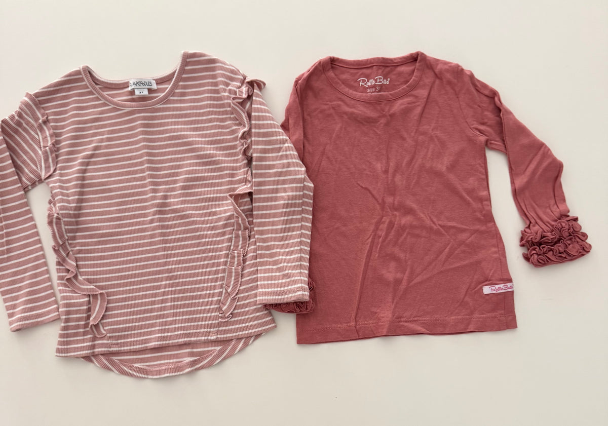 #117, Girls 3T, Ruffle Butts mauve & Flapdoodles mauve striped shirt bundle, VGUC