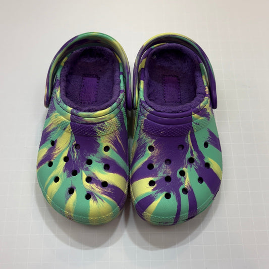 Seller 189 Girls Size 10 Green/Purple Lined Crocs Clogs GUC