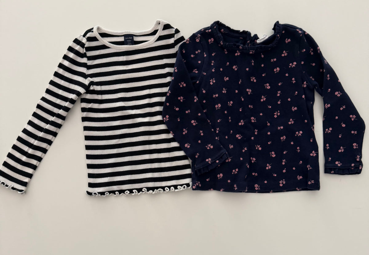 #117, Girls 3T, Gap black/white ribbed & Gap navy floral ribbed shirt bundle, VGUC