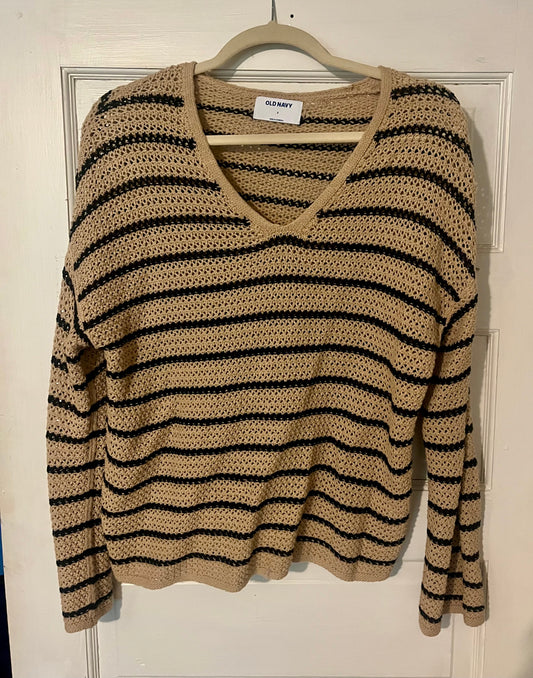 #32 women’s small Old Navy tan and black stripe sweater