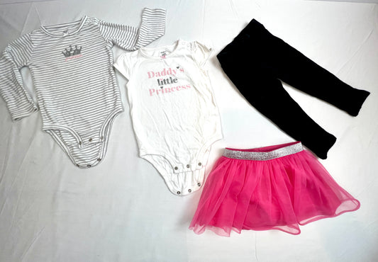 Girls 24 Mo (4) pieces: (2) Daddy's Little Princess & Princess Onesies + Tulle Skirt with diaper cover black Leggings GUC+