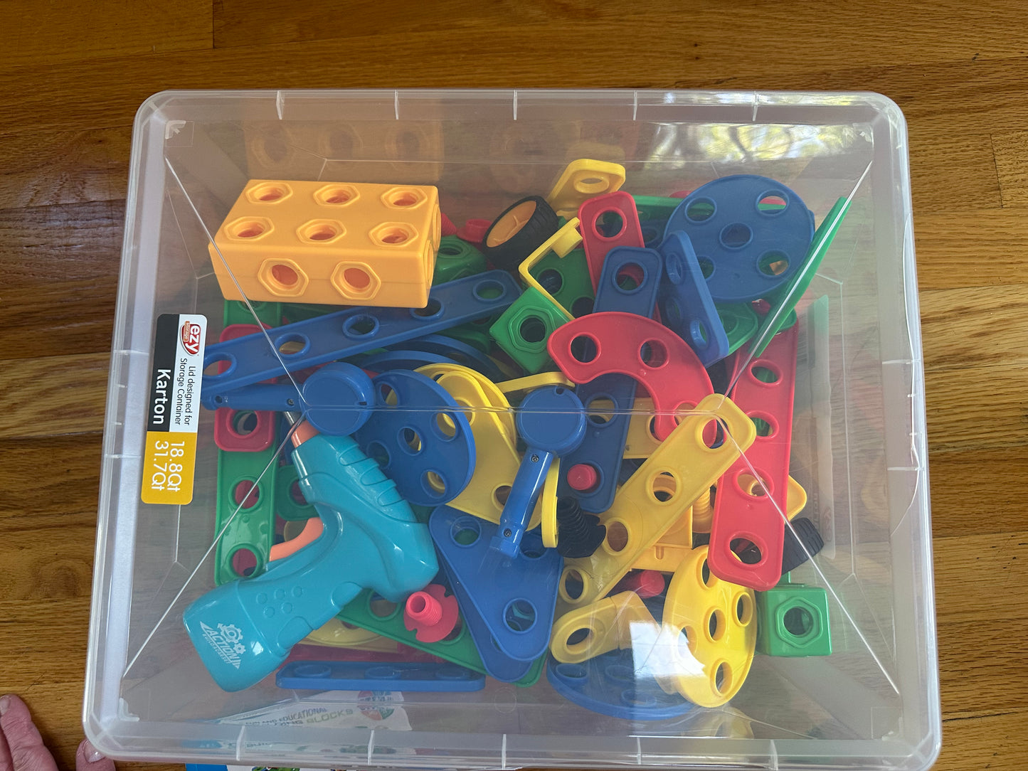#104 building blocks with battery operated drill (plastic bin not included)