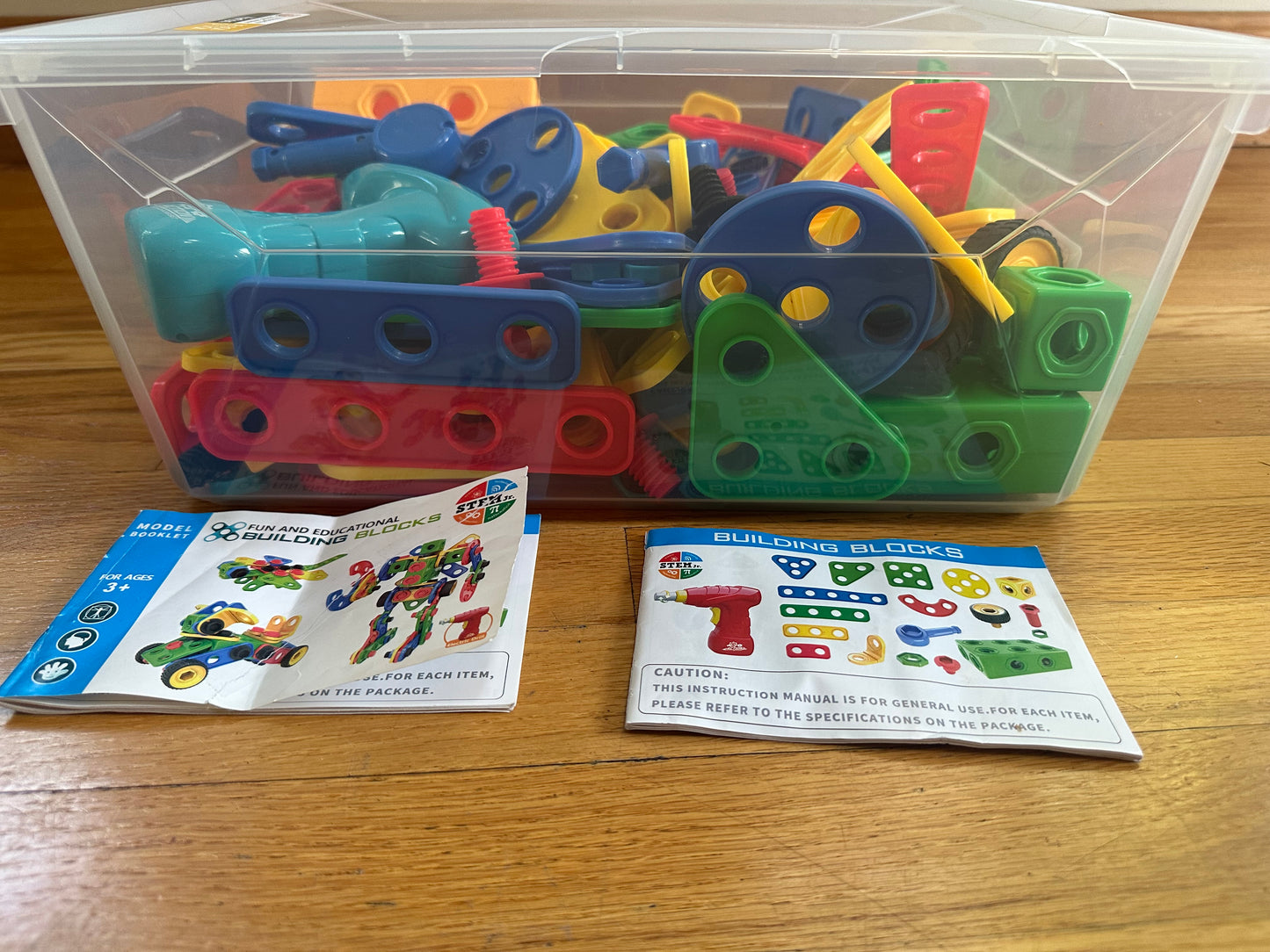 #104 building blocks with battery operated drill (plastic bin not included)