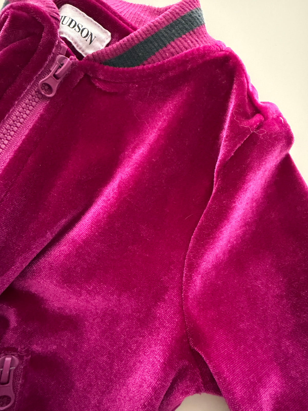 #117, Girls 2T, Hudson magenta velour track jacket, VGUC