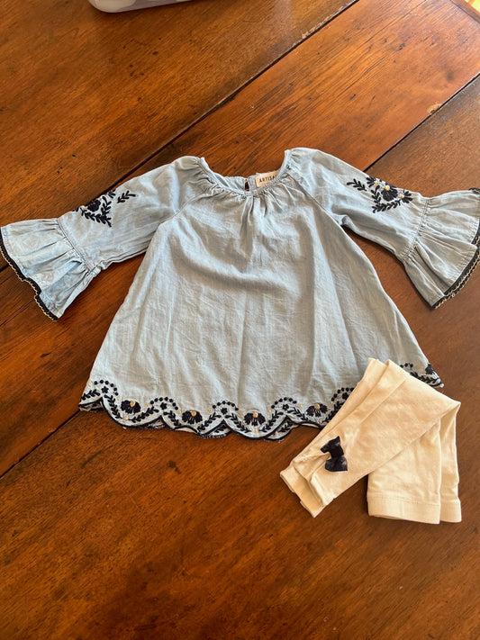 Artisan NY - Girls Denim Top Flare Sleeves with Cream Leggins with Ankle Bows - 12 Months