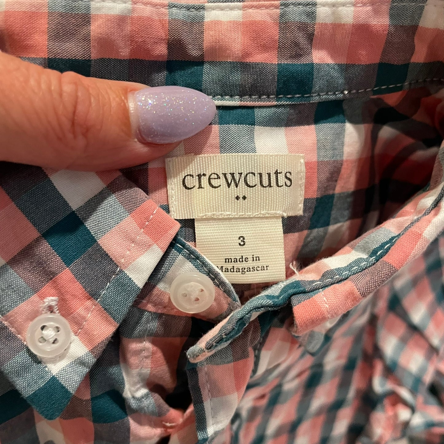 #126 Boys Crewcuts 2T LS Button Down Blue/pk/wht EUC