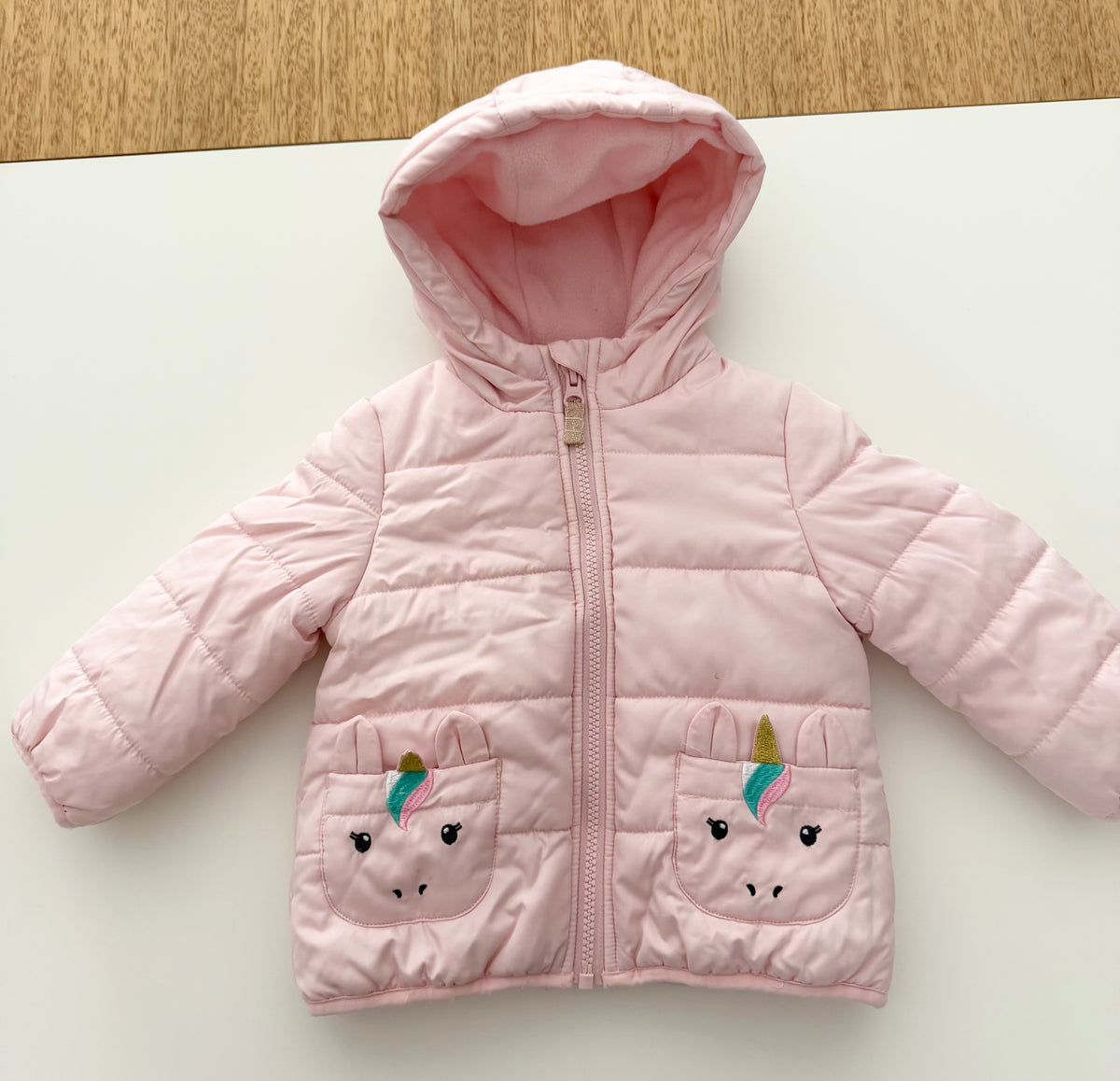 #117, Girls 18M, Carter’s pink unicorn puffer winter coat, VGUC