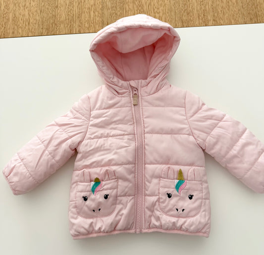 #117, Girls 18M, Carter’s pink unicorn puffer winter coat, VGUC