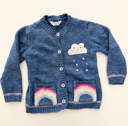 #117, Girls 18M, Baby M&Co blue cloud & rainbow button down sweater, GUC