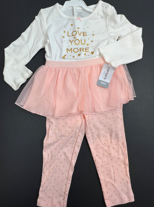 Girls 24M LOVE YOU MORE NEW NWT Long Sleeve Onesies + Leggings Pants with attached Tulle Skirt