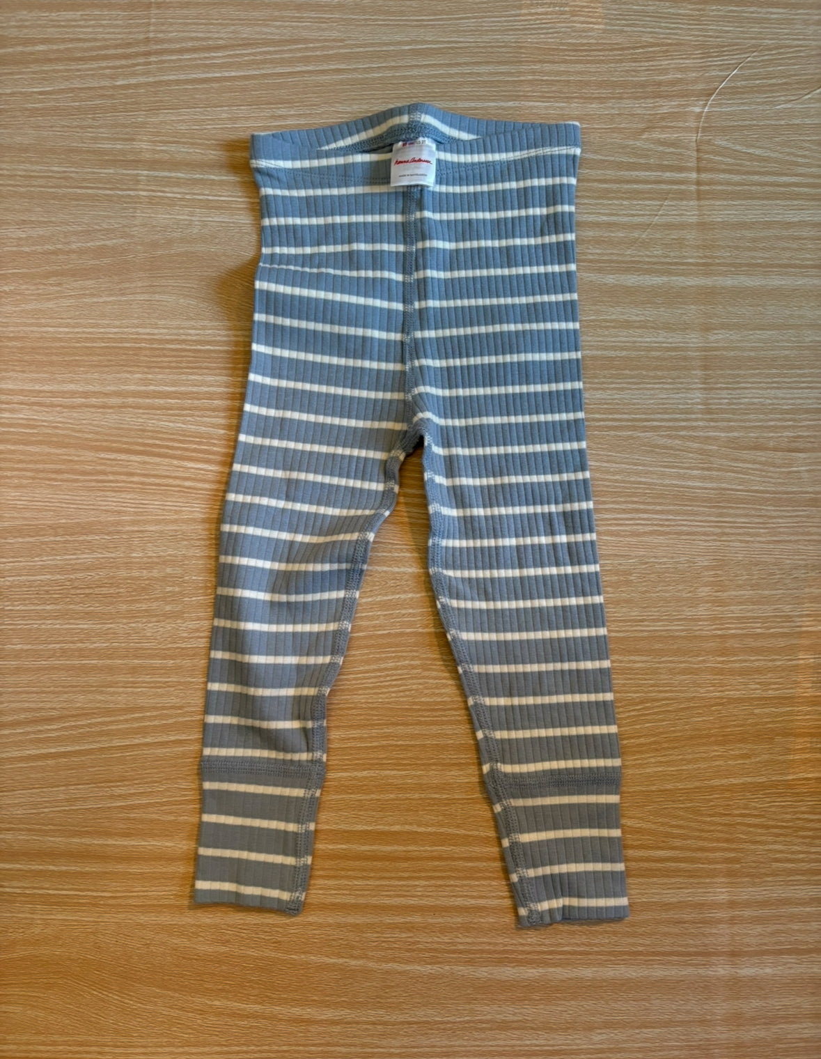 #102 Hanna Anderson Light Blue and White Stripped Ribbed Knit Leggings 2T
