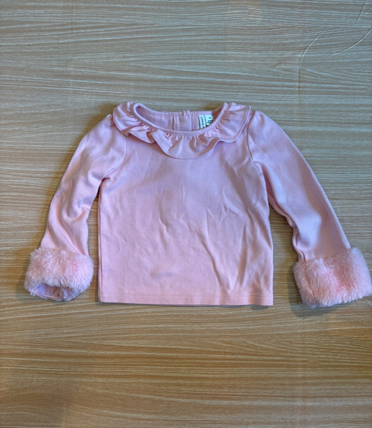 #102 Janie & Jack Girls Light Pink Ruffle collar Fur Cuff Knit top 2T