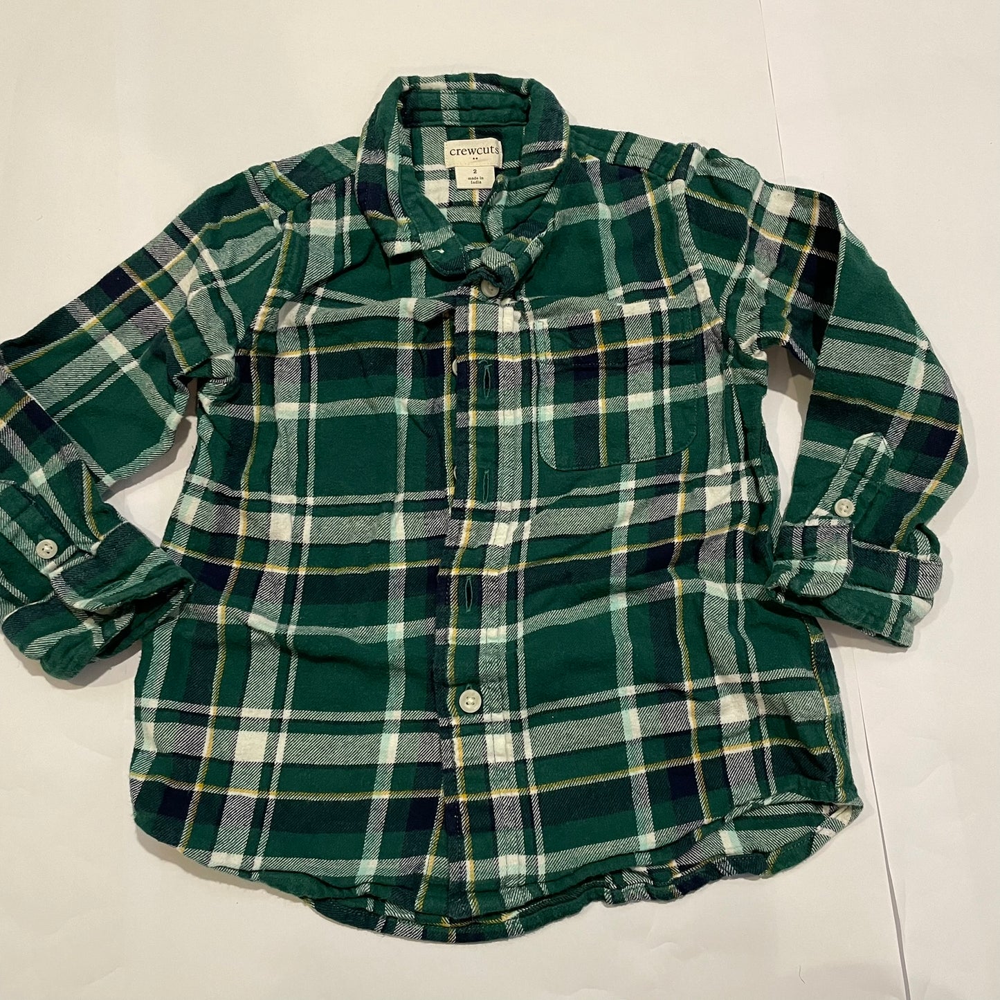#126 Boys Crewcuts 2T LS Flannel Button Down Green/White GUC