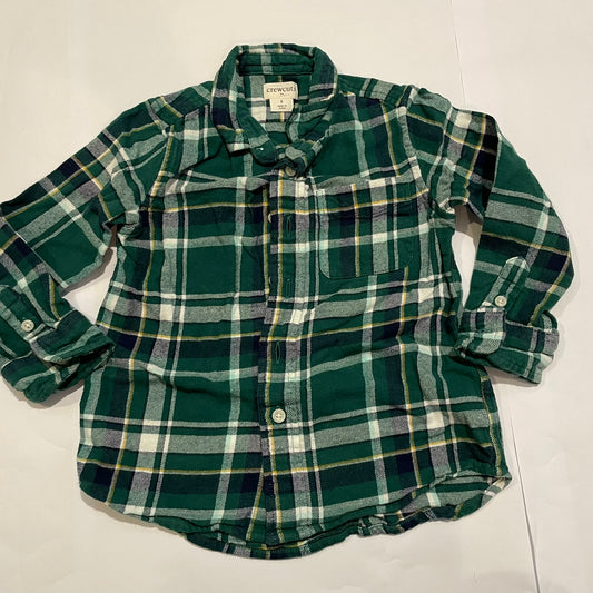 #126 Boys Crewcuts 2T LS Flannel Button Down Green/White GUC