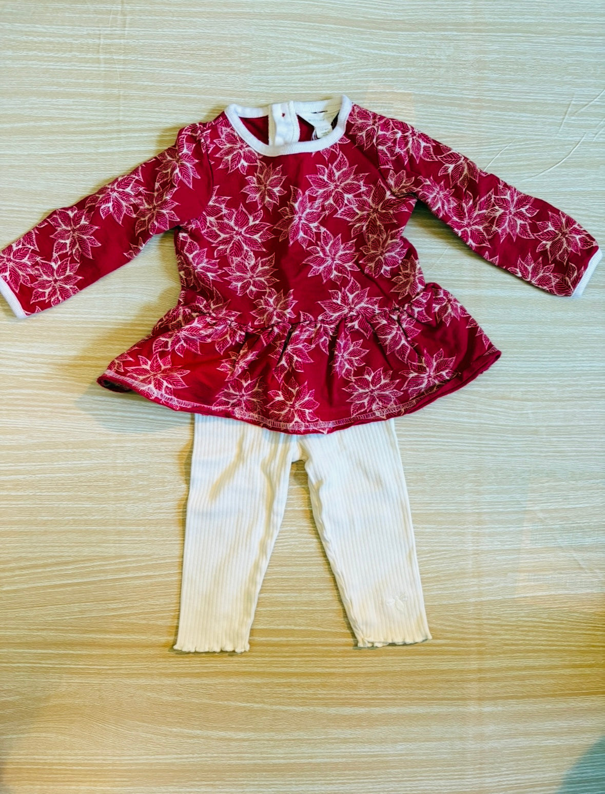 #102 Burt's Bees Poinsetta Girls Maroon and Cream Outfit 12 Months