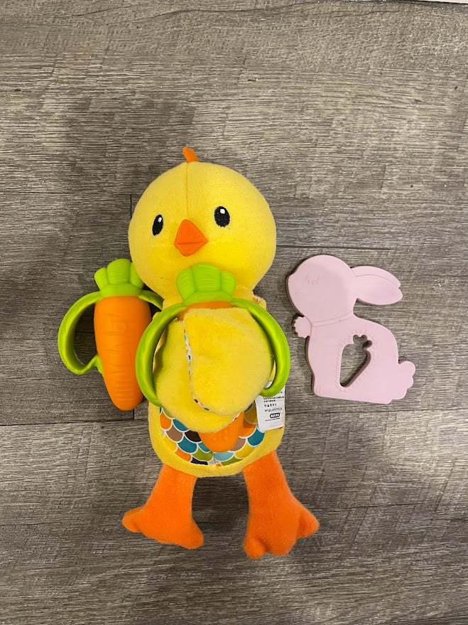 Chick with carrot teether, plus extra carrot teether and bunny teether (3 total)
