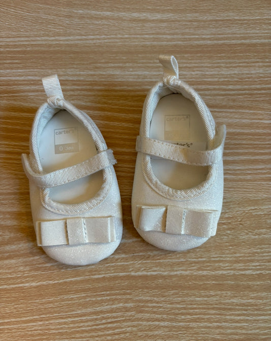 #102 Carters Girls White Soft Sole Glitter Ballet Flats 0-3 Months