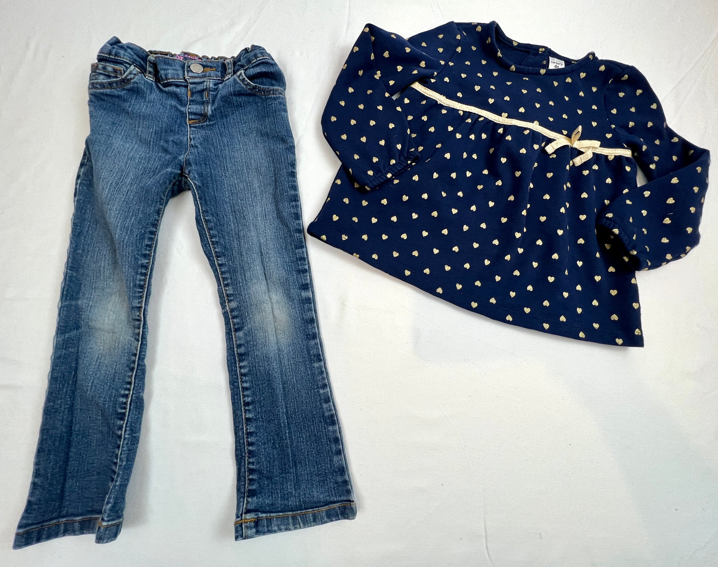 Girls 4T - Tunic Shirt with Gold Hearts + Blue Jeans with Adjustable Waist  VGUC