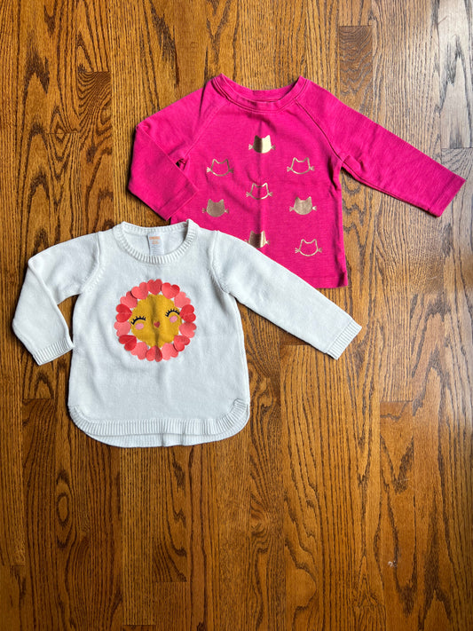 Seller #115 - Gymboree Baby Girl 18-24M / 2T Tops Bundle (Cream Sweater with Sun & Hearts, Pink Sweatshirt with Gold Cats), EUC