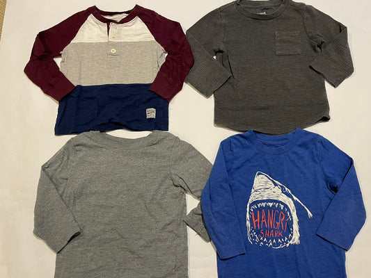 #126 Boys 2T set 4 LS Shirts (Stripes, 2 Grays, Shark) GUC