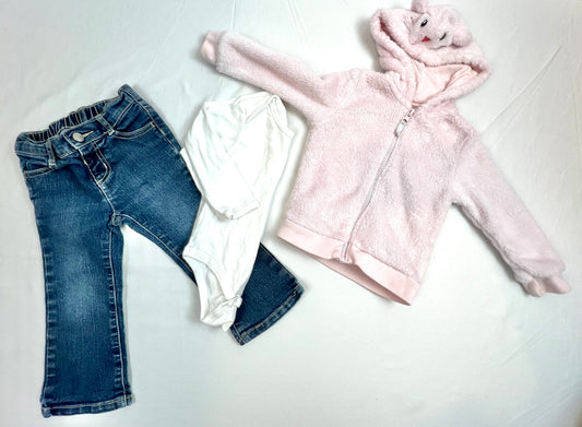 Girls 18 M Blue Jeans w/elastic back of waist + Pink Fleece Bunny Hood + Long Sleeve White Onesies VGUC