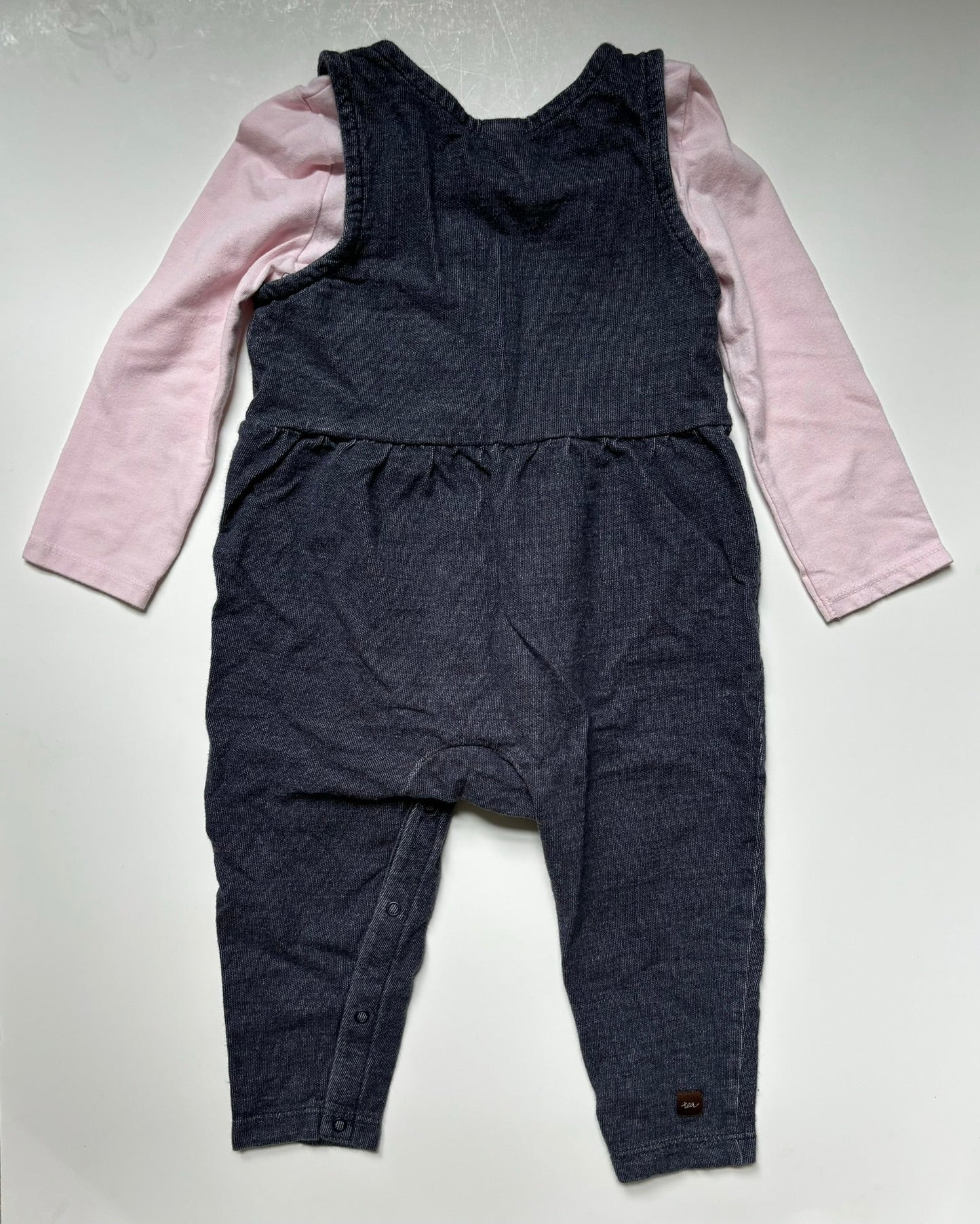 #101 *REDUCED* Tea Collection Ruffle Denim Overalls Pink Shirt Bundle Girls Size 12-18 months