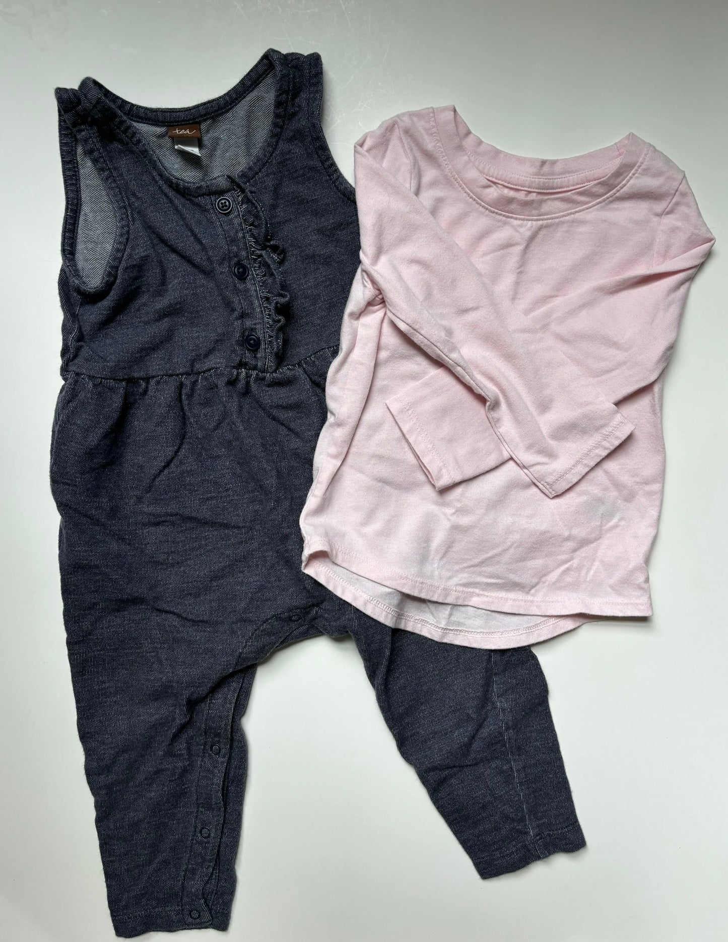 #101 *REDUCED* Tea Collection Ruffle Denim Overalls Pink Shirt Bundle Girls Size 12-18 months