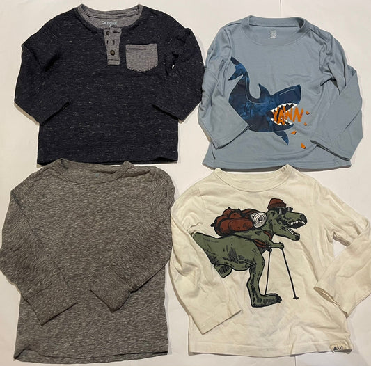 #126 Boys 3T set 4 LS Shirts (Navy,  Shark, Gray, hiking Dino) GUC