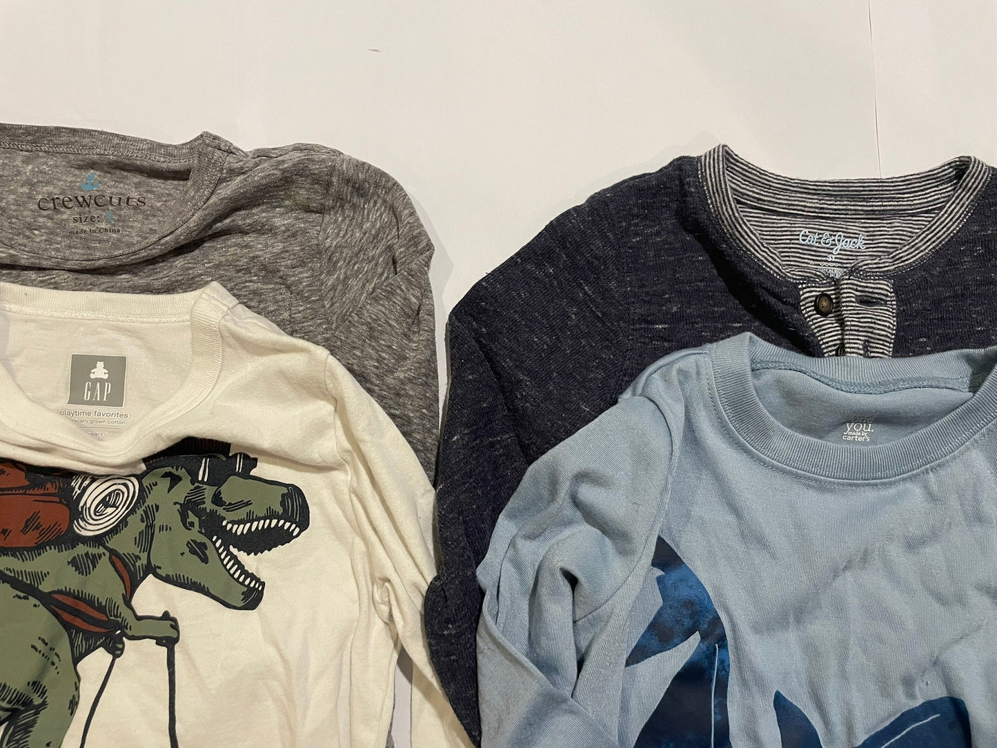#126 Boys 3T set 4 LS Shirts (Navy,  Shark, Gray, hiking Dino) GUC