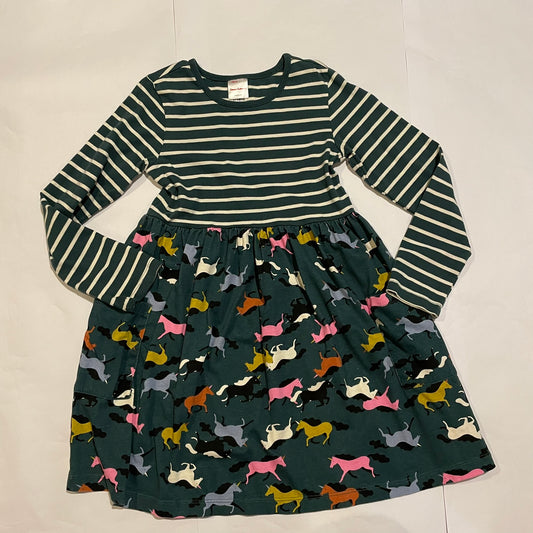 #126 Girls Hanna Andersson 120 (6-7) LS Green Horse Dress VGUC