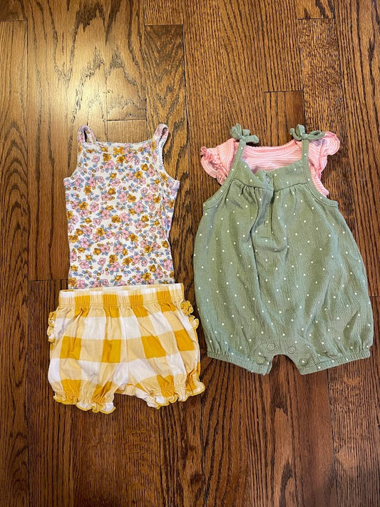 Carters baby girl NB outfits. Bodysuit with yellow shorts, and green overalls with pink shirt
