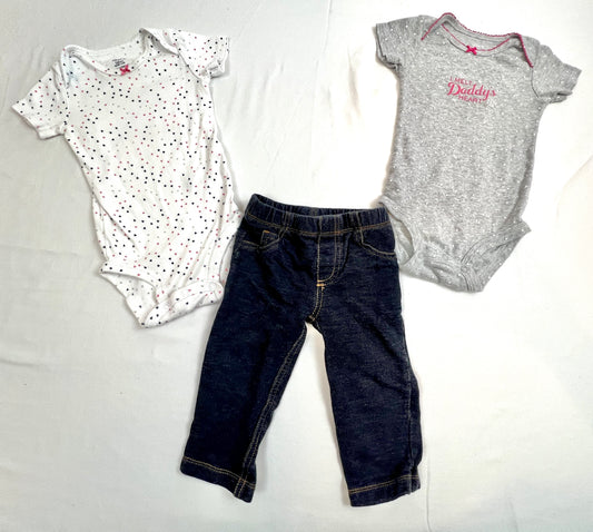 Girls 12 M 3 Pieces: (2) Onesies Hearts & I Melt Daddy's Heart (1) Leggings Pant Jeans EUC