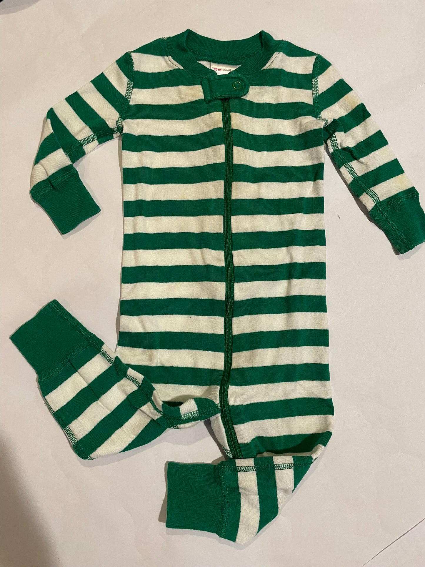 #126 Hanna Andersson 70/6-12M Green/Wht Stripe Zipper Sleeper VGUC