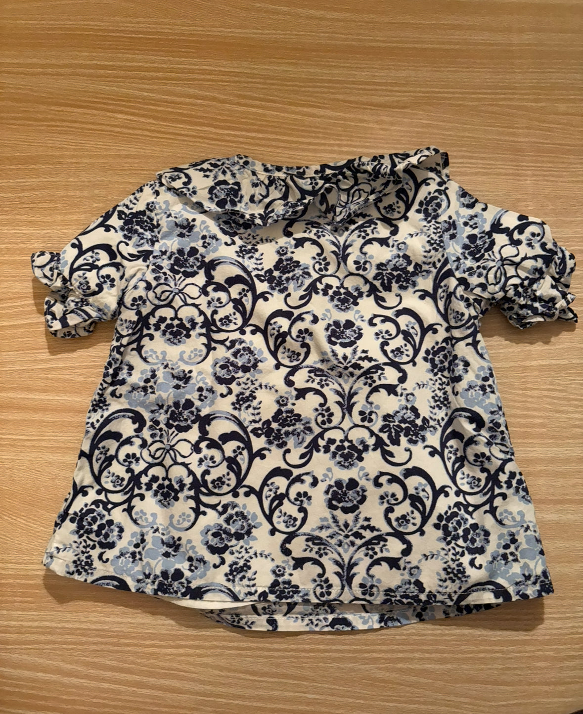 #102 Janie & Jack Girls Blue and White Floral Print Woven Top 2T
