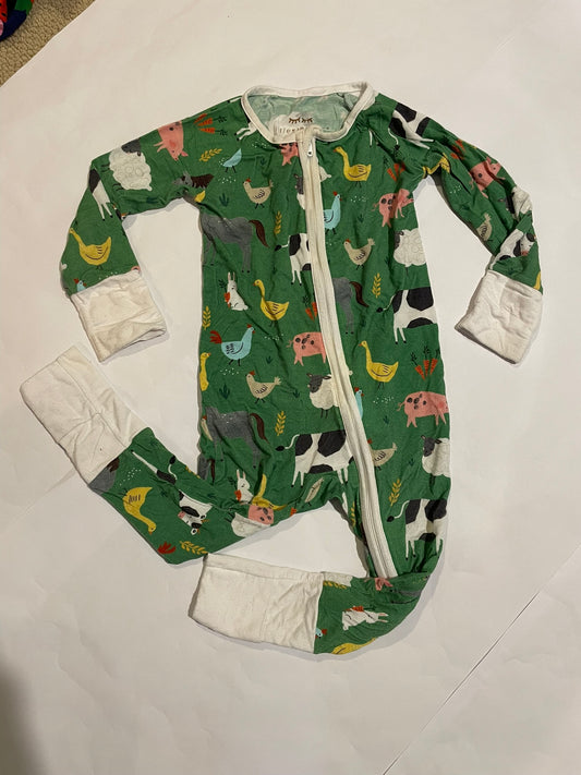 #126 Little Sleepies 6-12M Green Farm Zipper Sleeper EUC