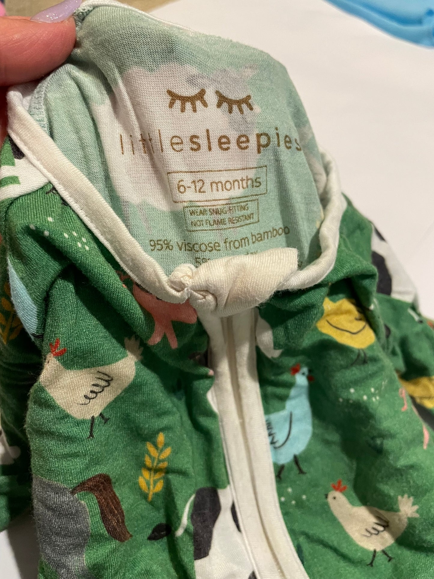 #126 Little Sleepies 6-12M Green Farm Zipper Sleeper EUC