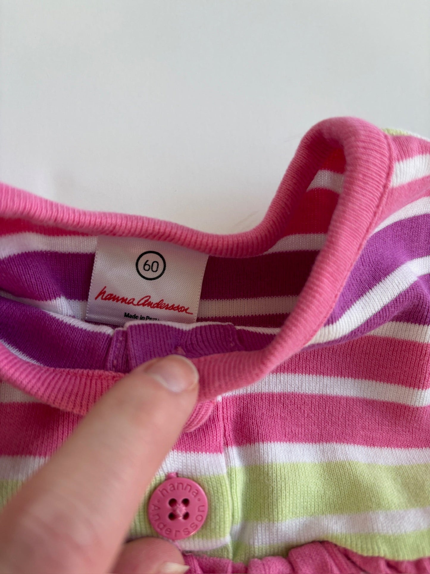 Seller #105 - Size 3-6M (60cm) Girls Hanna Andersson Pink/Purple/Green Striped Dress VGUC