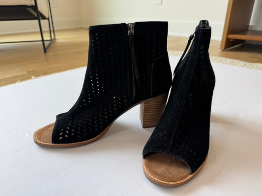 #190 TOMS | Size W11 | Black Suede Perforated Leaf Majorca Peep Toe Booties