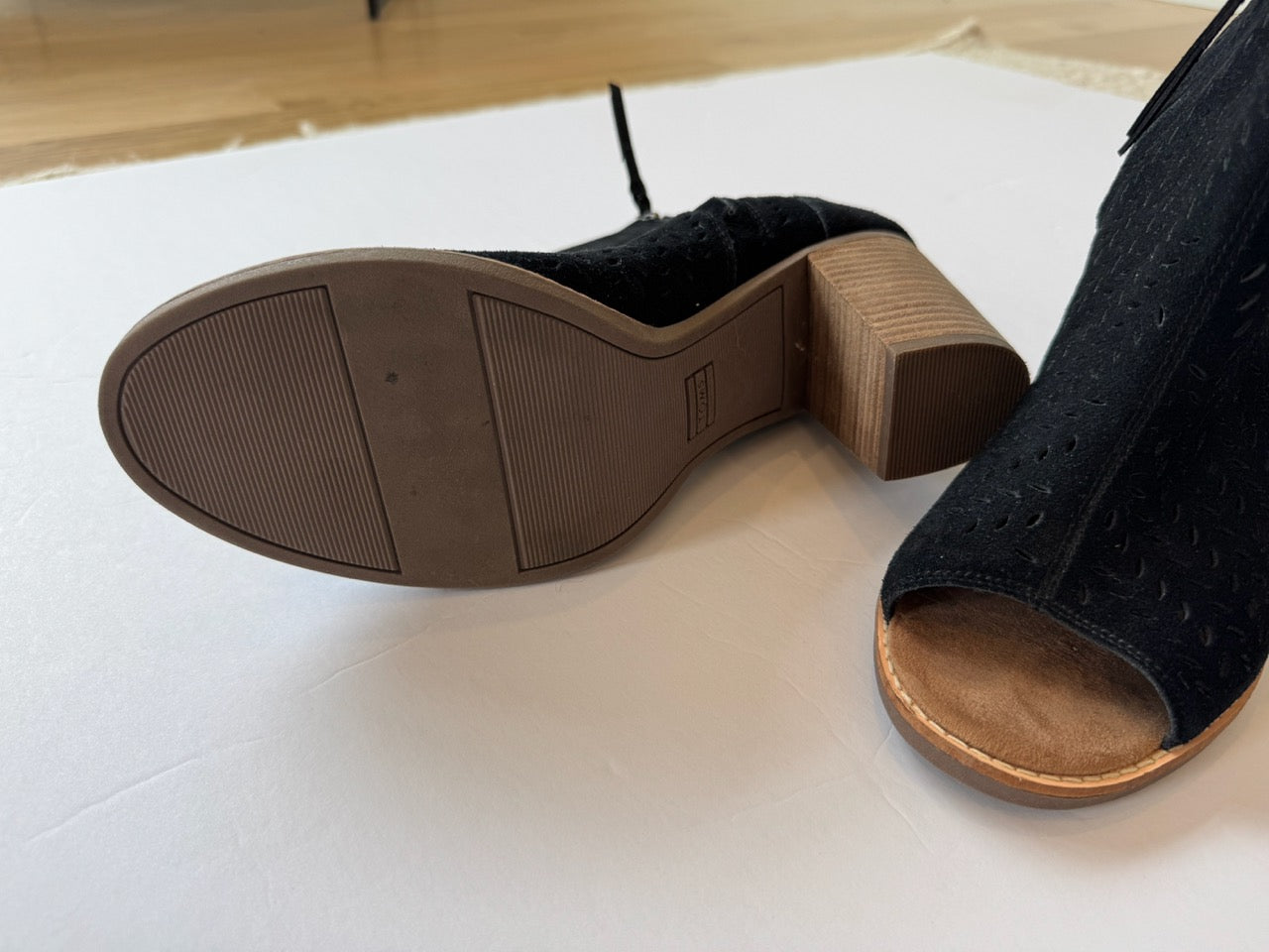 #190 TOMS | Size W11 | Black Suede Perforated Leaf Majorca Peep Toe Booties