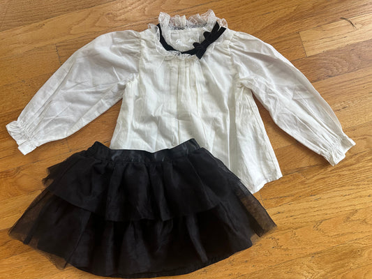 #104 girl 2T Janie and Jack outfit: cream blouse with velour trim and black ruffle skirt
