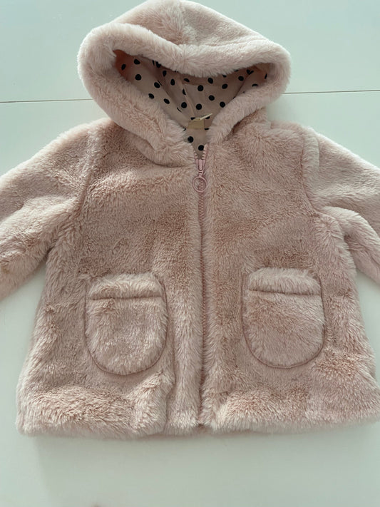#117-Girls 24M, Tucker + Tate Pink Fur Coat, polka dot liner, EUC