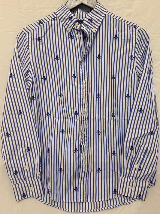 #143 Ralph Lauren button down collared shirt boys size large 14/16 stripes with skull and crossbones stitching