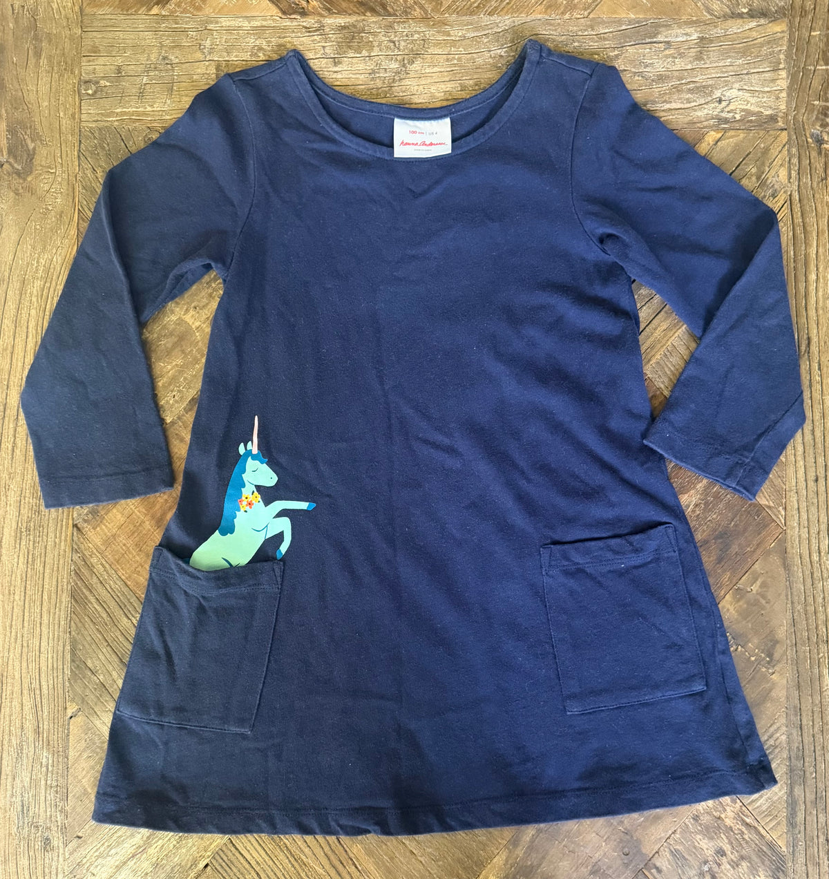 #75 Hanna Andersson Girls Navy Unicorn Dress, Size 4