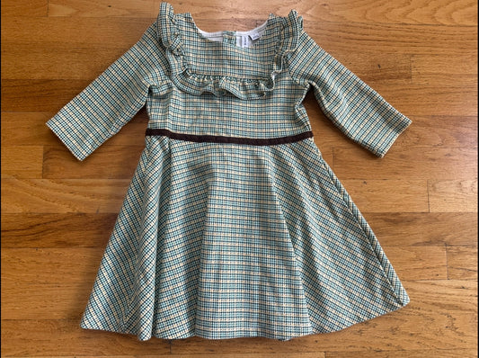 #104 girl size 4 Janie and Jack dress green plaid with brown velour attached ‘belt’