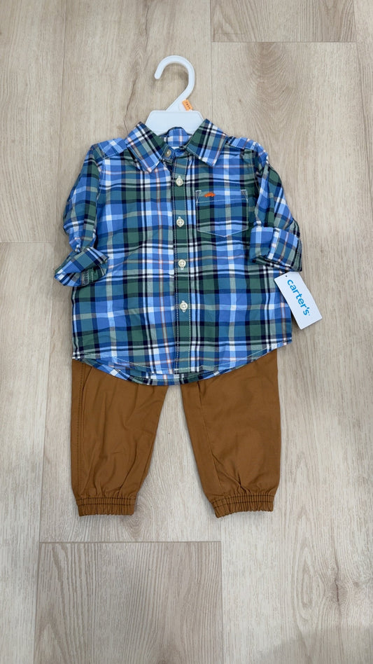 REDUCED! #49 boys Carters plaid/khaki outfit 12 months NWT