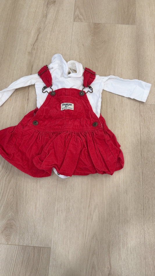 REDUCED! #49 girls Oshkosh red overall dress with white collared shirt 6 months VGUC