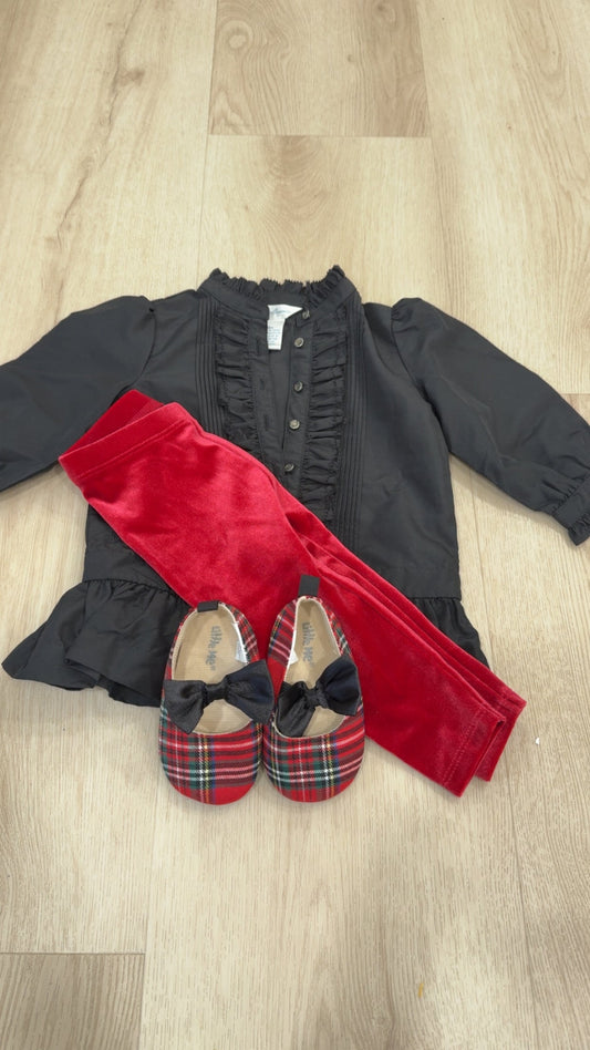 REDUCED! #49 girls Ralph Lauren Black blouse (9 months), Janie and Jack red velvet pants (6-12 months), Little me plaid shoes (size 3) EUC